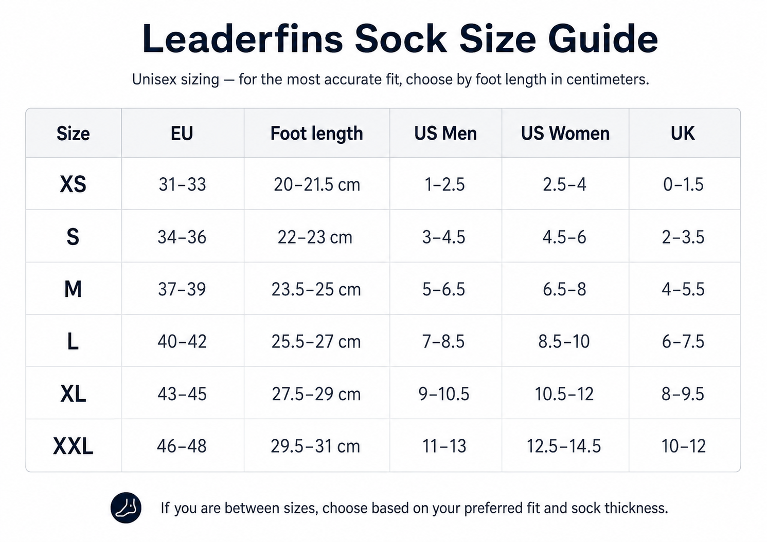 Leaderfins Socks Sizes